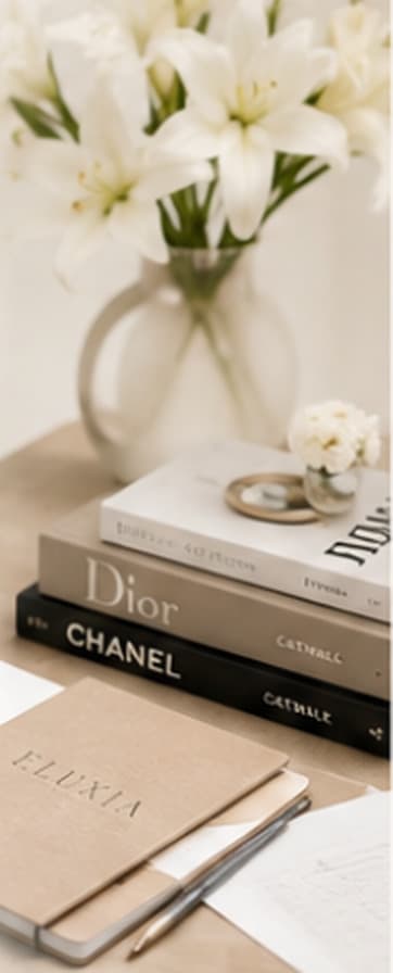 Styling flatlay — lilies, a stack of fashion books and a notebook