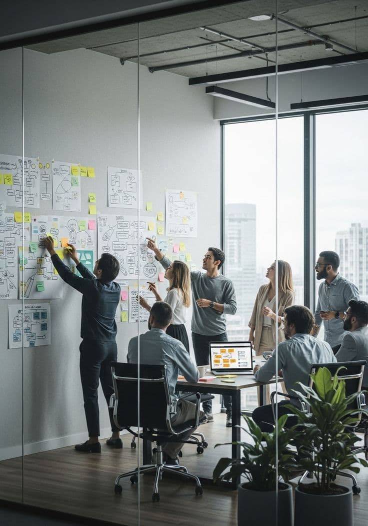 A group workshop in progress around a wall of notes
